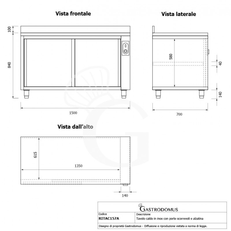 Mesa mural caliente con puertas correderas y peto de acero inoxidable L 1500 mm x P 700 mm x A 950 mm