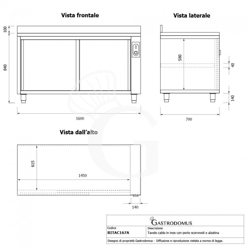 Mesa mural caliente con puertas correderas y peto de acero inoxidable L 1600 mm x P 700 mm x A 950 mm