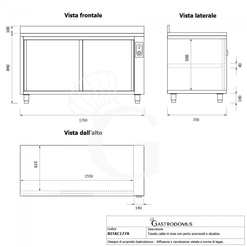 Mesa mural caliente con puertas correderas y peto de acero inoxidable L 1700 mm x P 700 mm x A 950 mm