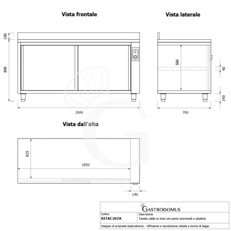 Mesa mural caliente con puertas correderas y peto de acero inoxidable L 2000 mm x P 700 mm x A 950 mm