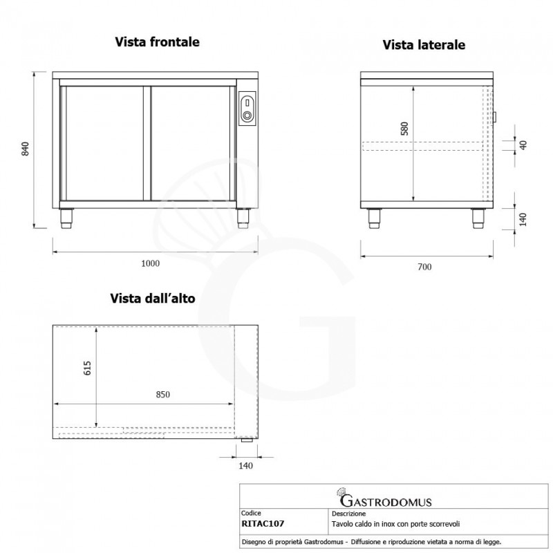 Mesa mural caliente con puertas correderas de acero inoxidable L 1000 mm x P 700 mm x A 850 mm