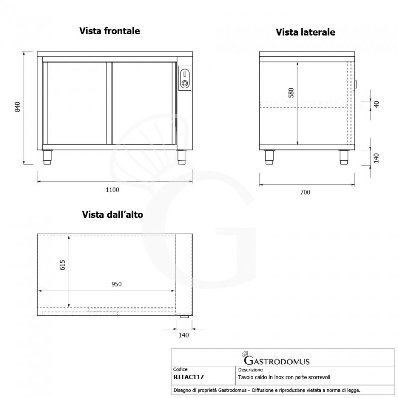 Mesa mural caliente con puertas correderas de acero inoxidable L 1100 mm x P 700 mm x A 850 mm