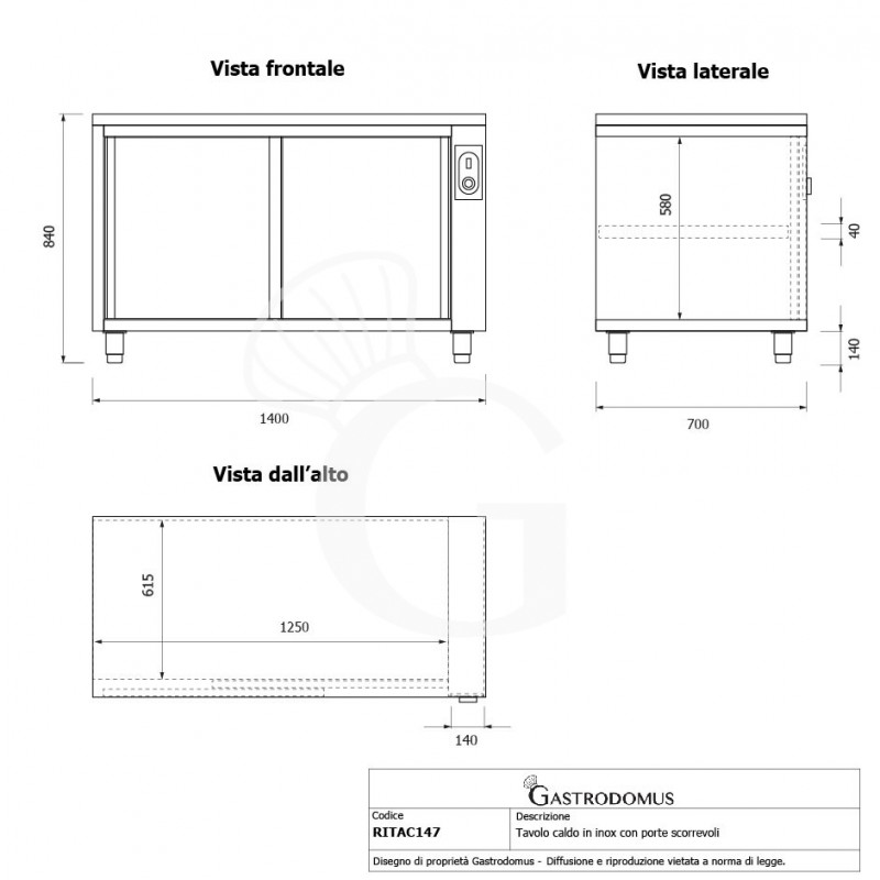 Mesa mural caliente con puertas correderas de acero inoxidable L 1400 mm x P 700 mm x A 850 mm