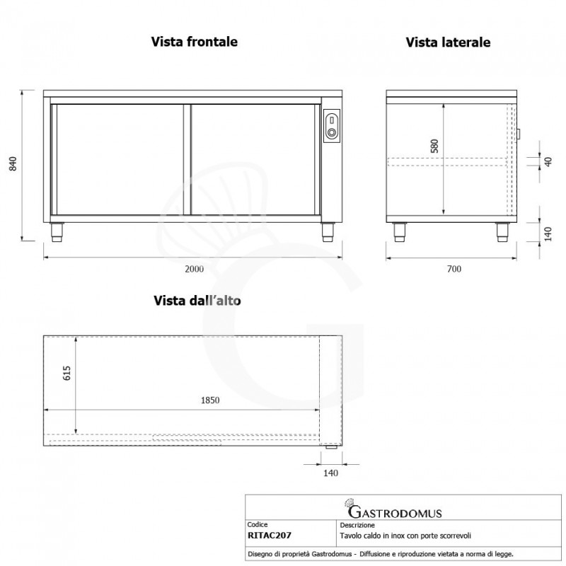 Mesa mural caliente con puertas correderas de acero inoxidable L 2000 mm x P 700 mm x A 850 mm