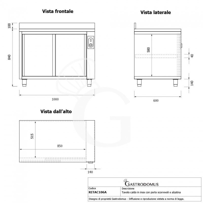 Mesa mural caliente con puertas correderas y peto de acero inoxidable L 1000 mm x P 600 mm x A 950 mm