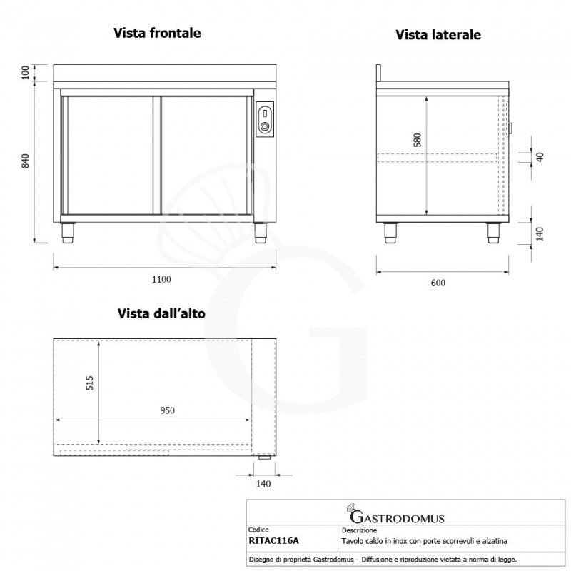 Mesa mural caliente con puertas correderas y peto de acero inoxidable L 1100 mm x P 600 mm x A 950 mm