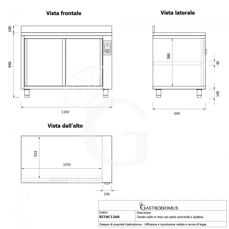 Mesa mural caliente con puertas correderas y peto de acero inoxidable L 1200 mm x P 600 mm x A 950 mm
