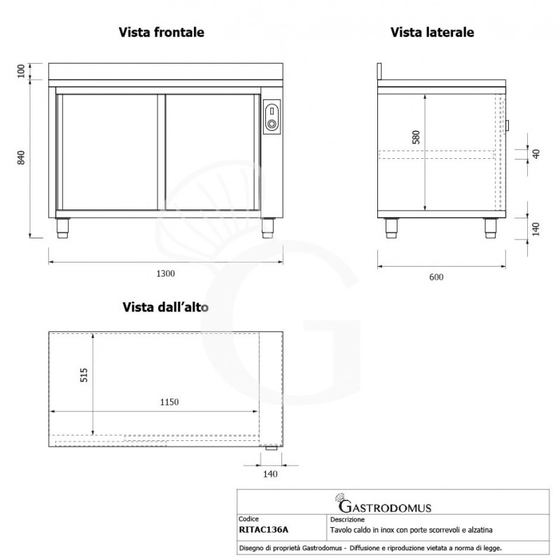 Mesa mural caliente con puertas correderas y peto de acero inoxidable L 1300 mm x P 600 mm x A 950 mm