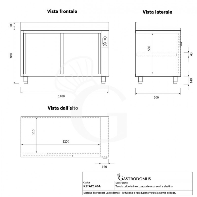 Mesa mural caliente con puertas correderas y peto de acero inoxidable L 1400 mm x P 600 mm x A 950 mm