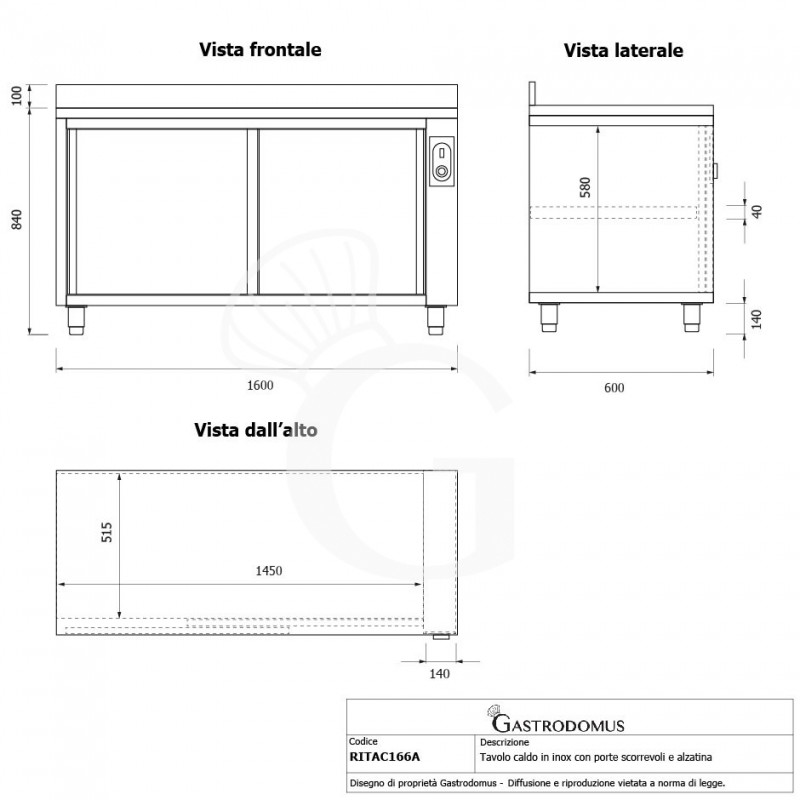 Mesa mural caliente con puertas correderas y peto de acero inoxidable L 1600 mm x P 600 mm x A 950 mm