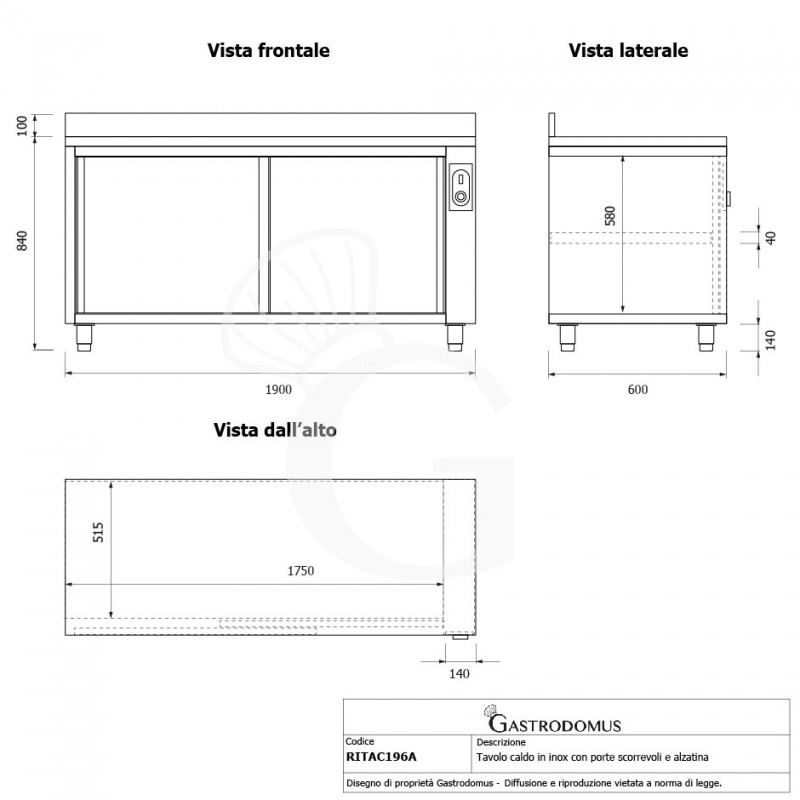 Mesa mural caliente con puertas correderas y peto de acero inoxidable L 1900 mm x P 600 mm x A 950 mm