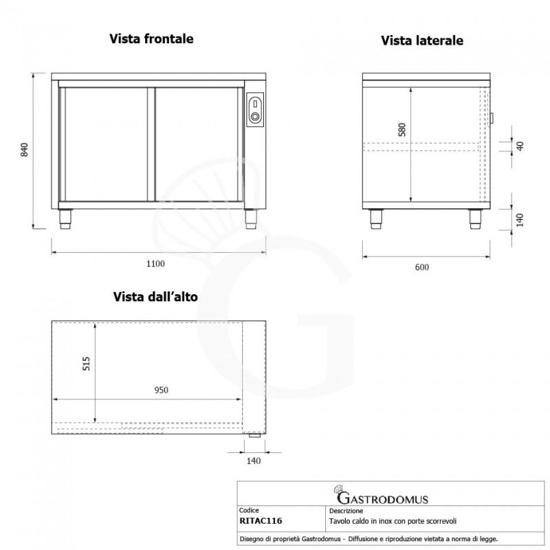 Mesa mural caliente con puertas correderas de acero inoxidable L 1100 mm x P 600 mm x A 850 mm