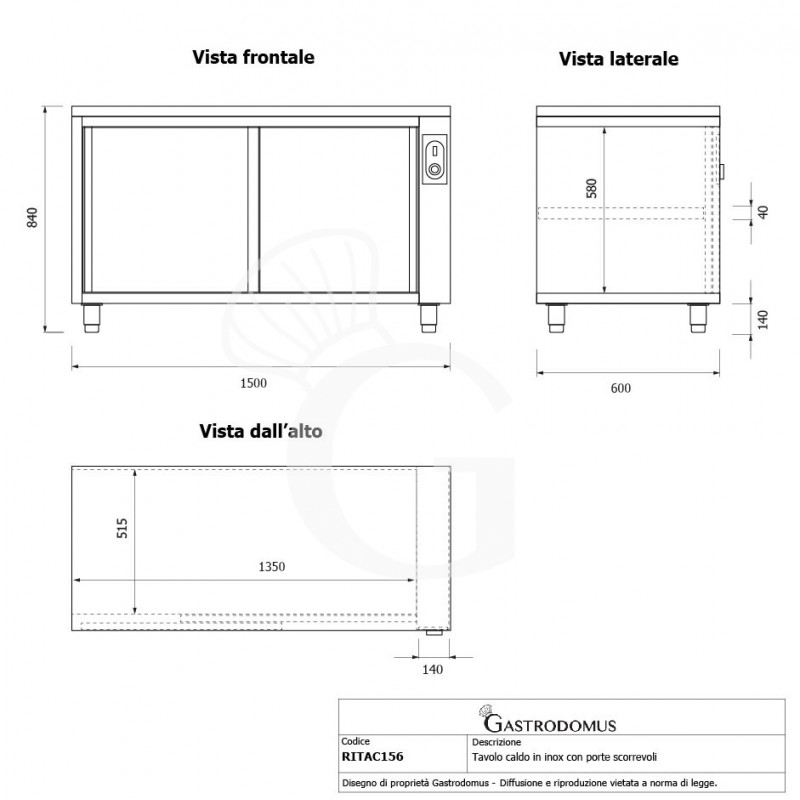 Mesa mural caliente con puertas correderas de acero inoxidable L 1500 mm x P 600 mm x A 850 mm