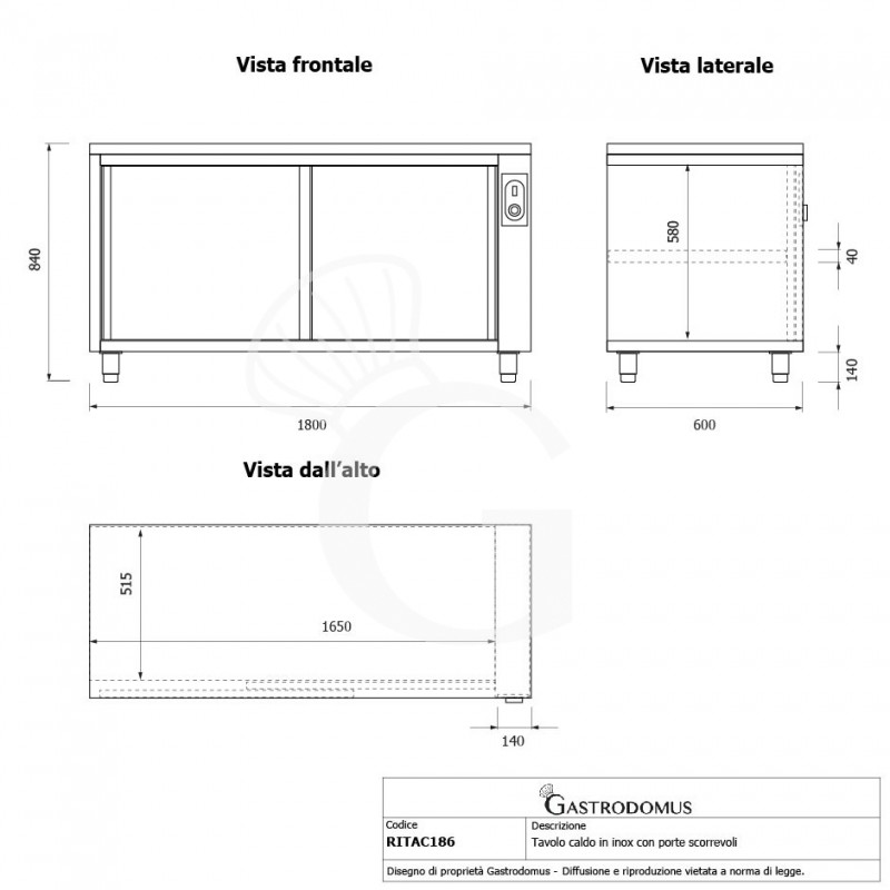 Mesa mural caliente con puertas correderas de acero inoxidable L 1800 mm x P 600 mm x A 850 mm