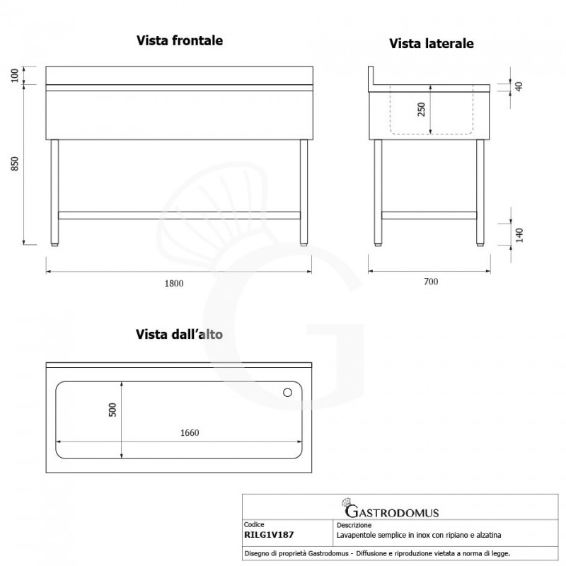Fregadero de acero inoxidable con 1 estante, peto, 1 cuba L 1800 mm x P 700 mm x A 950 mm