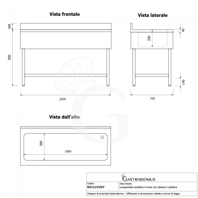 Fregadero de acero inoxidable con 1 estante, peto, 1 cuba L 2000 mm x P 700 mm x A 950 mm
