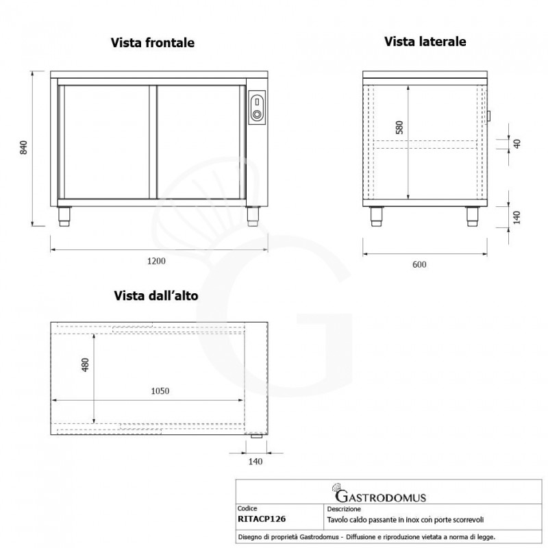 Mesa mural caliente con puertas correderas dobles de acero inoxidable L 1200 mm x P 600 mm x A 850 mm