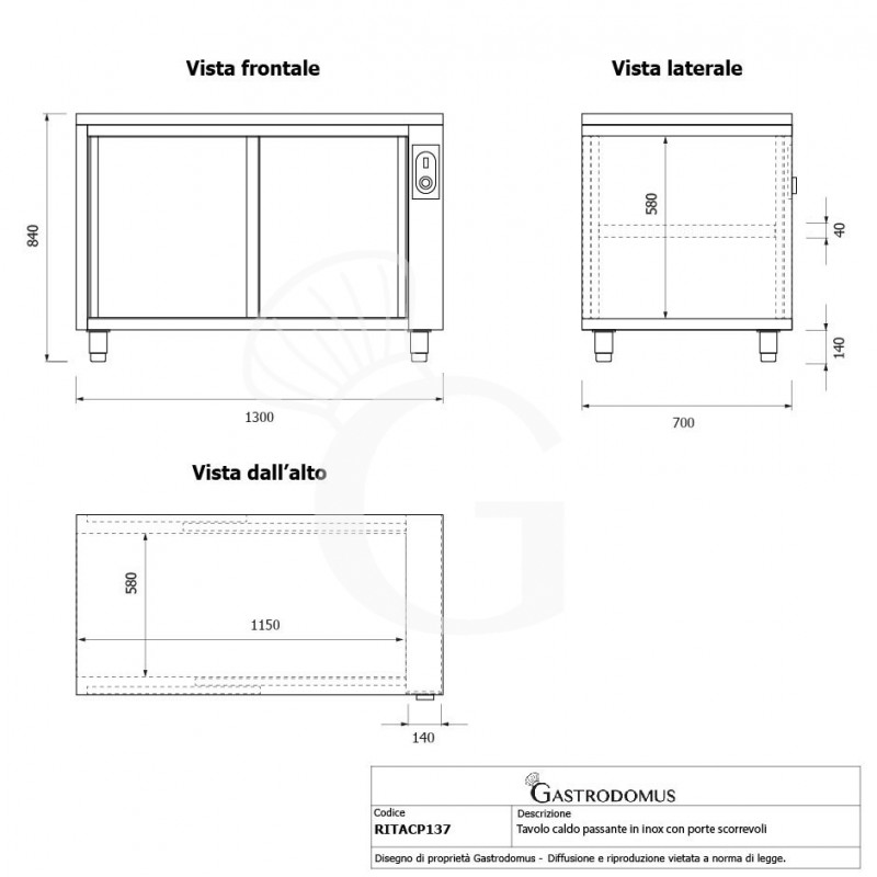 Mesa mural caliente con puertas correderas dobles de acero inoxidable L 1300 mm x P 700 mm x A 850 mm