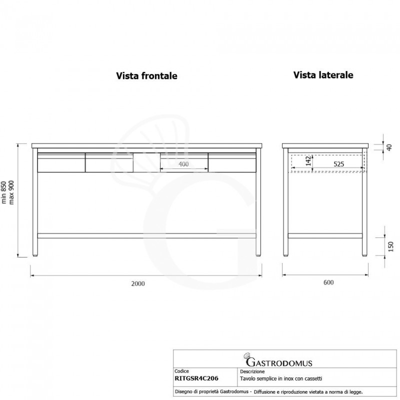 Mesa de acero inoxidable con 4 cajones L 2000 mm x P 600 mm x A 850 mm