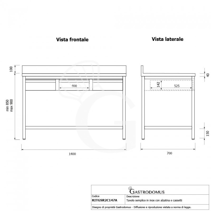 Mesa de acero inoxidable con 3 cajones y peto L 1400 mm x P 700 mm x A 950 mm