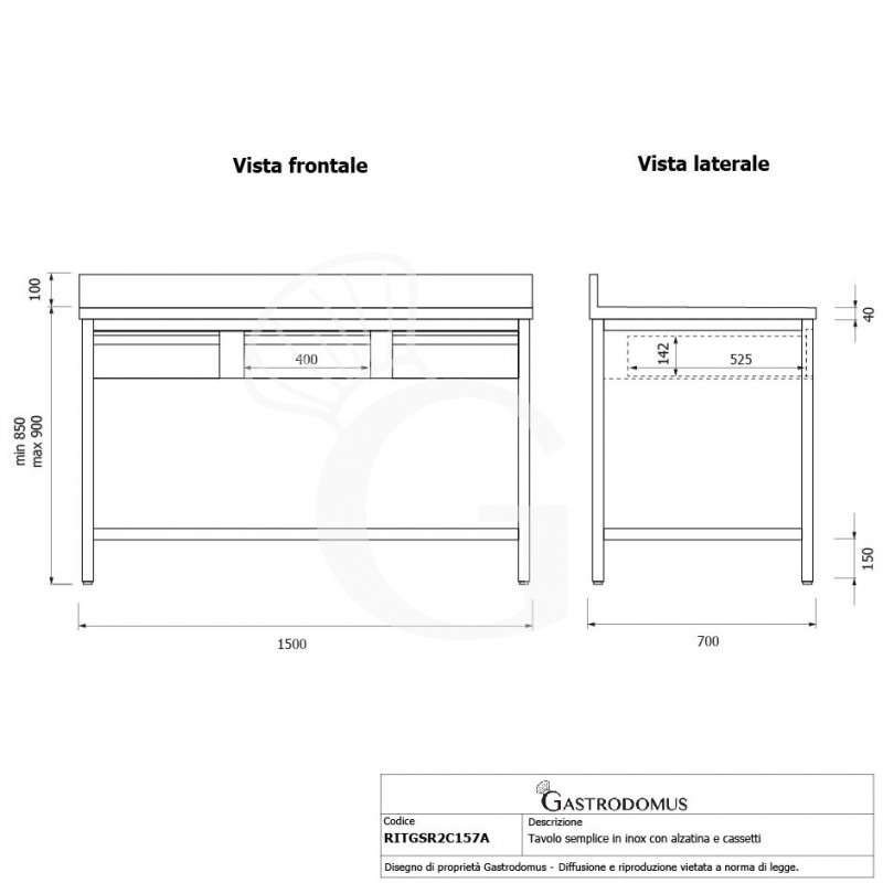 Mesa de acero inoxidable con 3 cajones y peto L 1500 mm x P 700 mm x A 950 mm