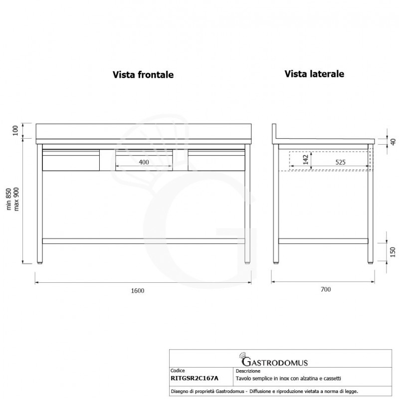 Mesa de acero inoxidable con 3 cajones y peto L 1600 mm x P 700 mm x A 950 mm