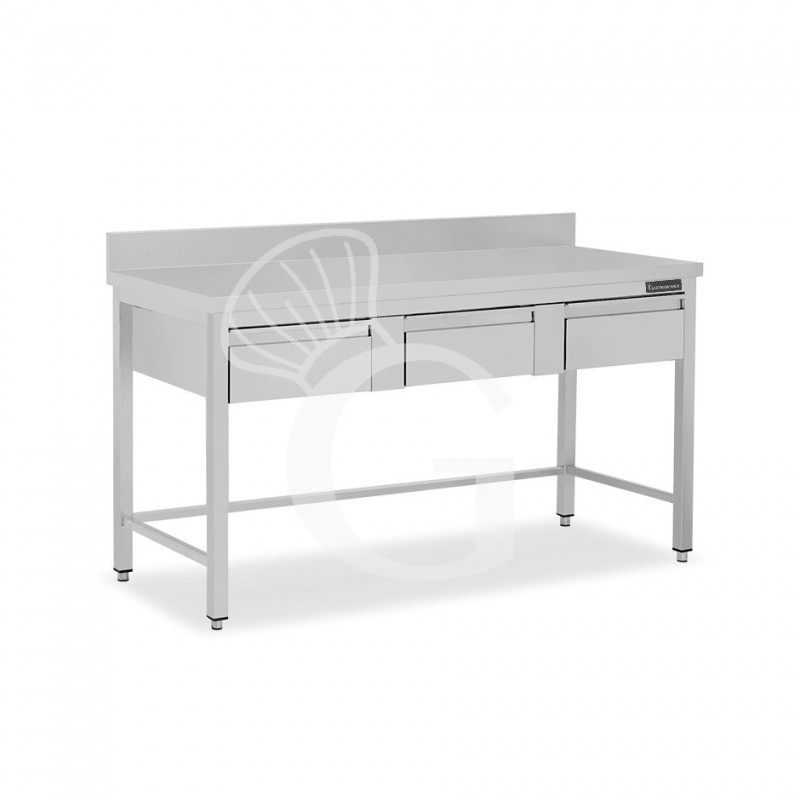 Mesa de acero inoxidable con 3 cajones y peto L 1400 mm x P 700 mm x A 950 mm
