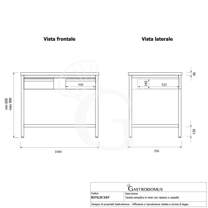 Mesa de acero inoxidable con estante y 2 cajones L 1000 mm x P 700 mm x A 850 mm