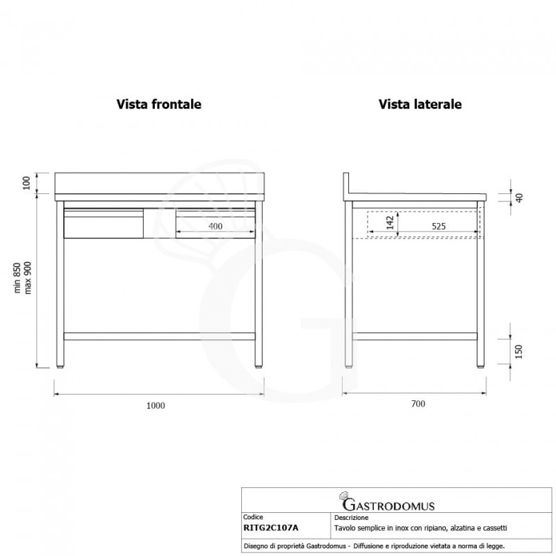 Mesa de acero inoxidable con estante peto 2 cajones L 1000 mm x P 700 mm x A 950 mm