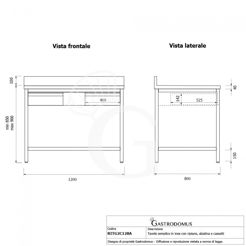 Mesa de acero inoxidable con estante peto 2 cajones L 1200 mm x P 800 mm x A 950 mm