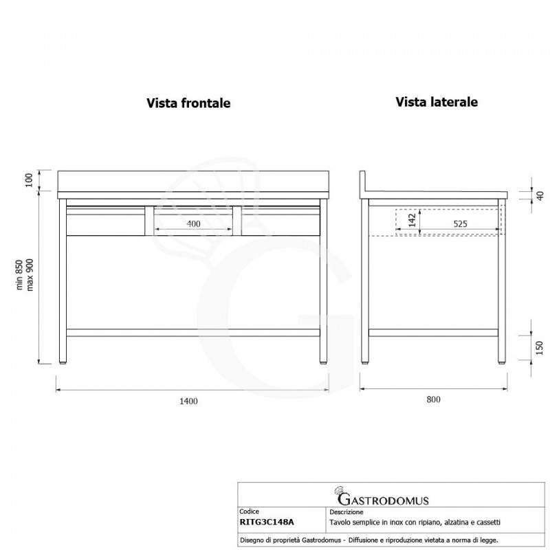 Mesa de acero inoxidable con estante peto 3 cajones L 1400 mm x P 800 mm x A 950 mm