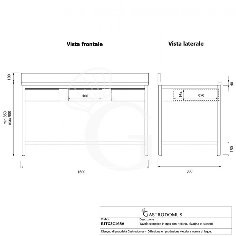 Mesa de acero inoxidable con estante peto 3 cajones L 1600 mm x P 800 mm x A 950 mm