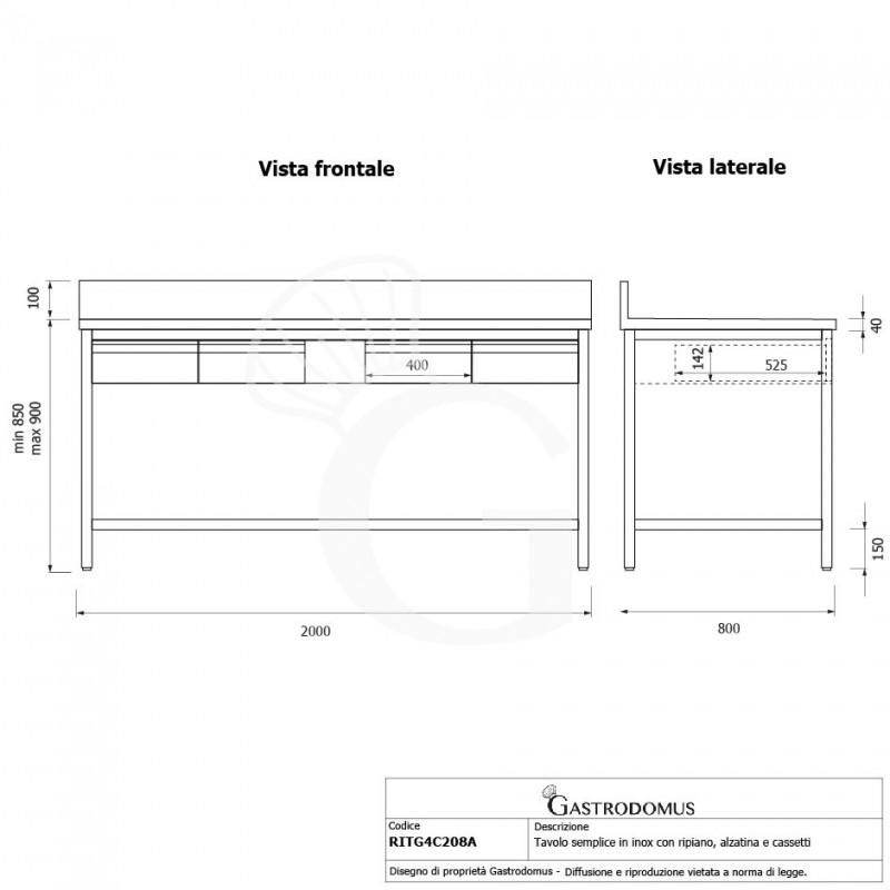 Mesa de acero inoxidable con estante peto 4 cajones L 2000 mm x P 800 mm x A 950 mm
