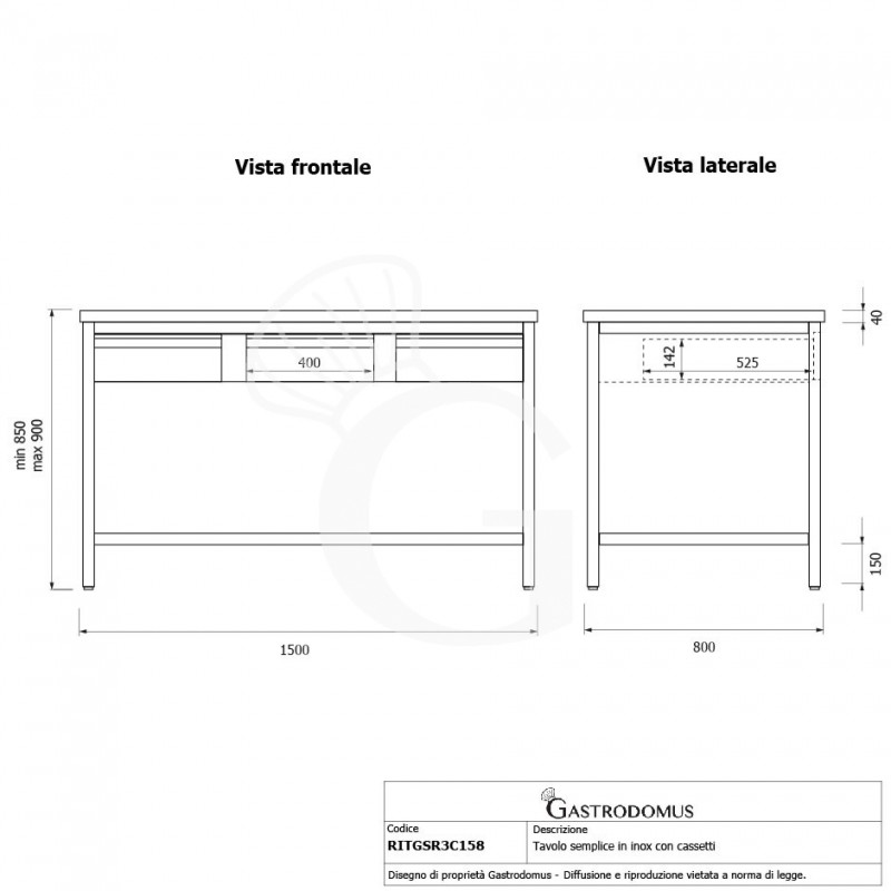 Mesa de acero inoxidable con 3 cajones L 1500 mm x P 800 mm x A 850 mm