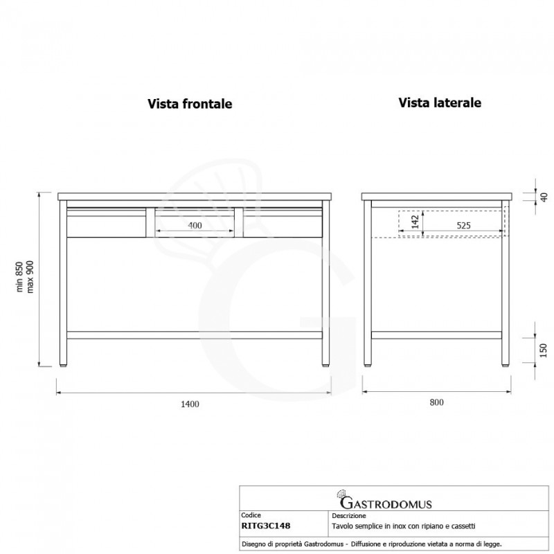 Mesa de acero inoxidable con estante y 3 cajones L 1400 mm x P 800 mm x A 850 mm