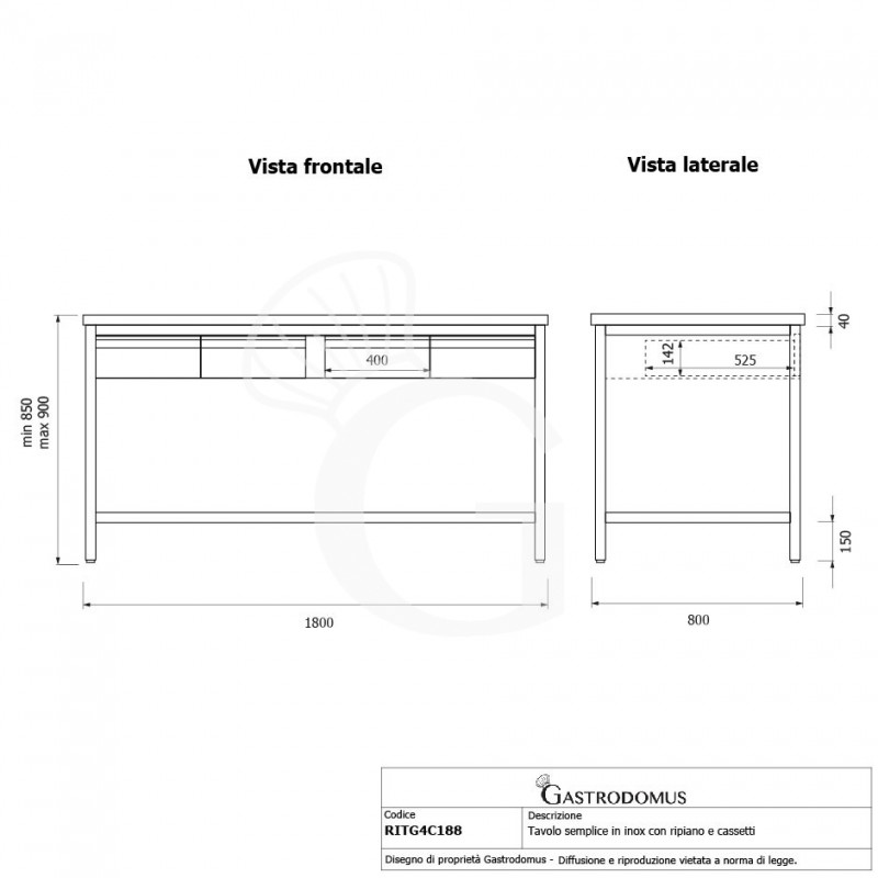 Mesa de acero inoxidable con estante y 4 cajones L 1800 mm x P 800 mm x A 850 mm