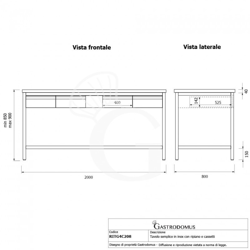 Mesa de acero inoxidable con estante y 4 cajones L 2000 mm x P 800 mm x A 850 mm