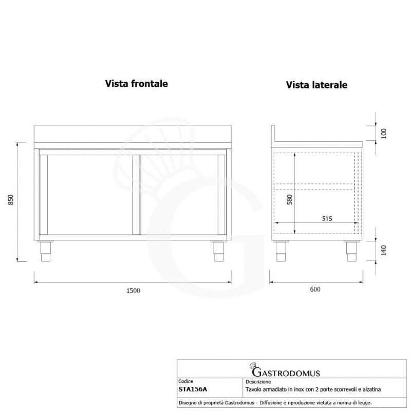 Mesa mural de acero inoxidable 2 puertas correderas y peto L 1500 mm x P 600 mm x A 950 mm