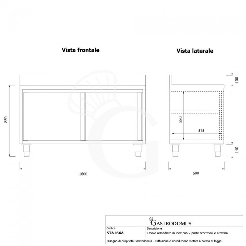 Mesa mural de acero inoxidable 2 puertas correderas y peto L 1600 mm x P 600 mm x A 950 mm