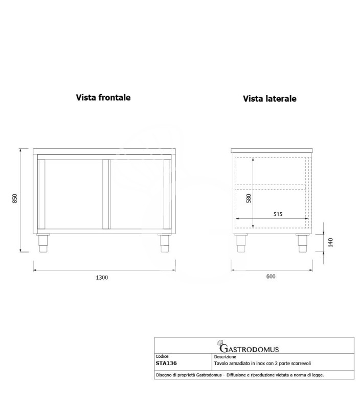 Mesa mural de acero inoxidable 2 puertas correderas L 1300 mm x P 600 mm x A 850 mm