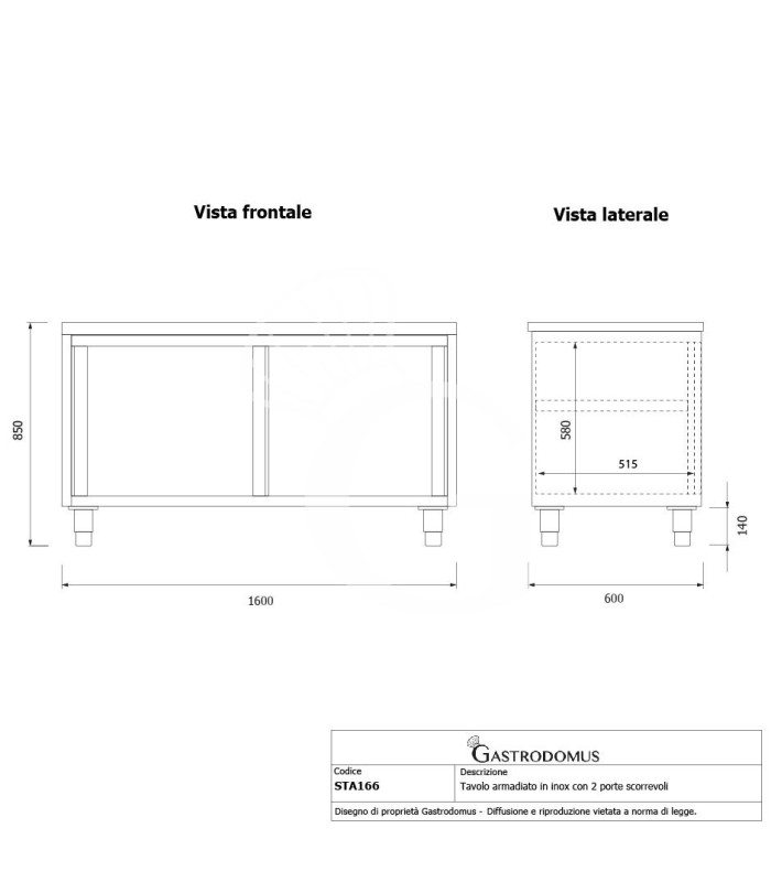 Mesa mural de acero inoxidable 2 puertas correderas L 1600 mm x P 600 mm x A 850 mm