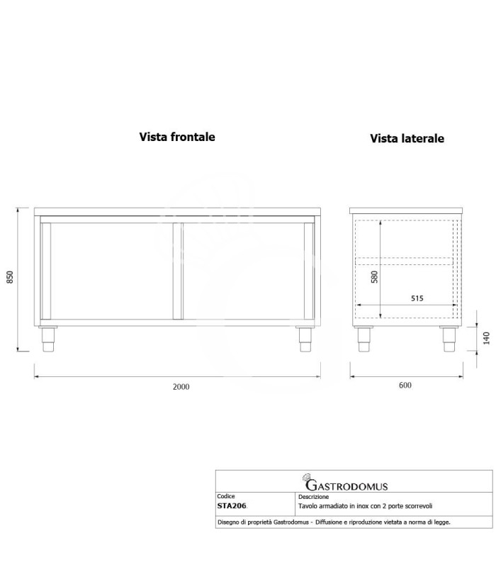 Mesa mural de acero inoxidable 2 puertas correderas L 2000 mm x P 600 mm x A 850 mm