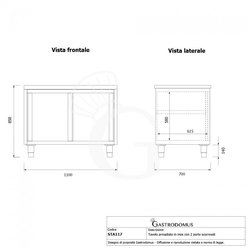 Mesa mural de acero inoxidable 2 puertas correderas L 1100 mm x P 700 mm x A 850 mm