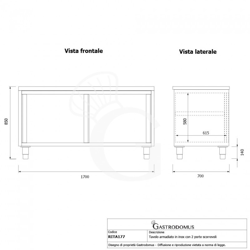 Mesa mural de acero inoxidable 2 puertas correderas L 1700 mm x P 700 mm x A 850 mm