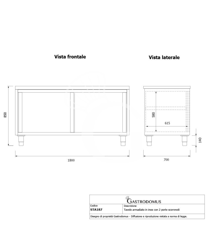 Mesa mural de acero inoxidable con 2 puertas correderas con dimensiones L 1800 mm x P 700 mm x A 850 mm