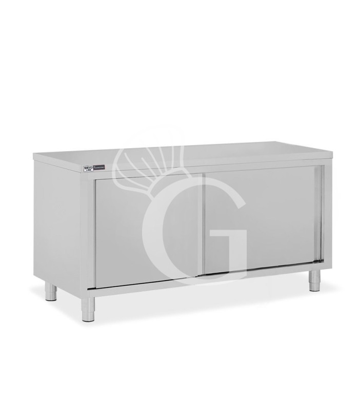 Mesa mural de acero inoxidable con 2 puertas correderas con dimensiones L 1800 mm x P 700 mm x A 850 mm