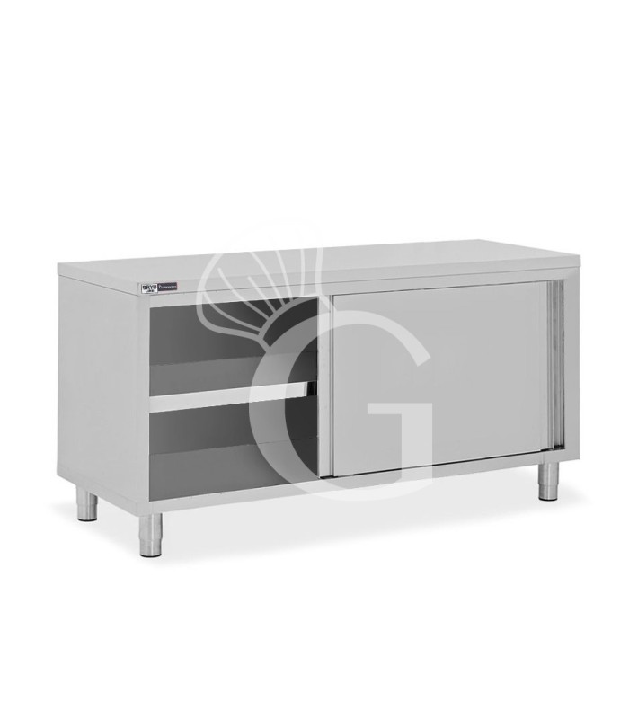 Mesa mural de acero inoxidable con 2 puertas correderas con dimensiones L 1800 mm x P 700 mm x A 850 mm
