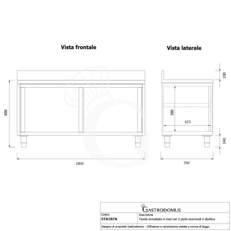 Mesa mural de acero inoxidable 2 puertas correderas y peto L 1800 mm x P 700 mm x A 950 mm