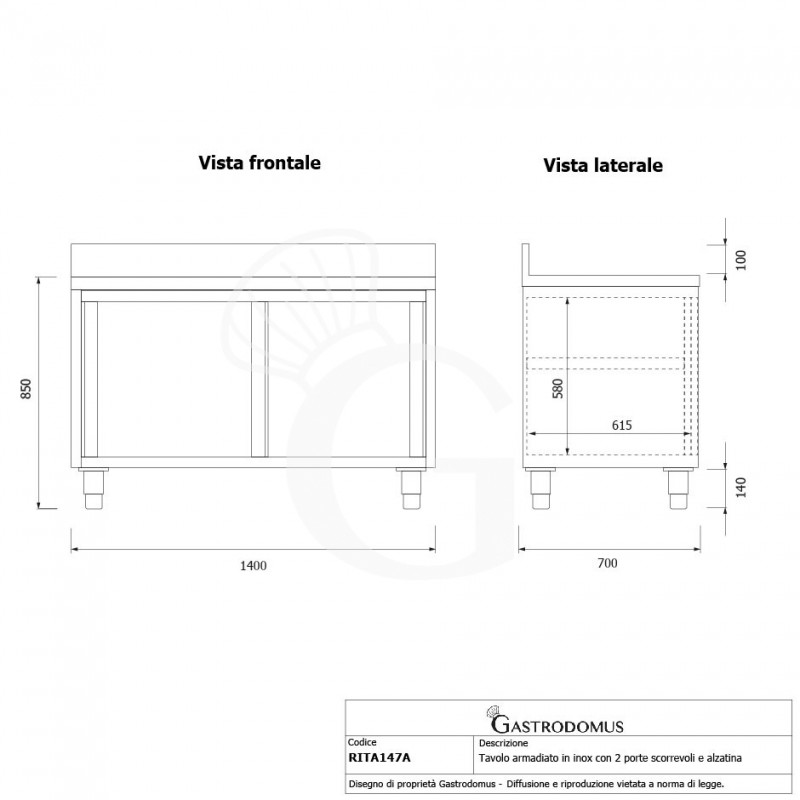 Mesa mural de acero inoxidable 2 puertas correderas y peto L 1400 mm x P 700 mm x A 950 mm