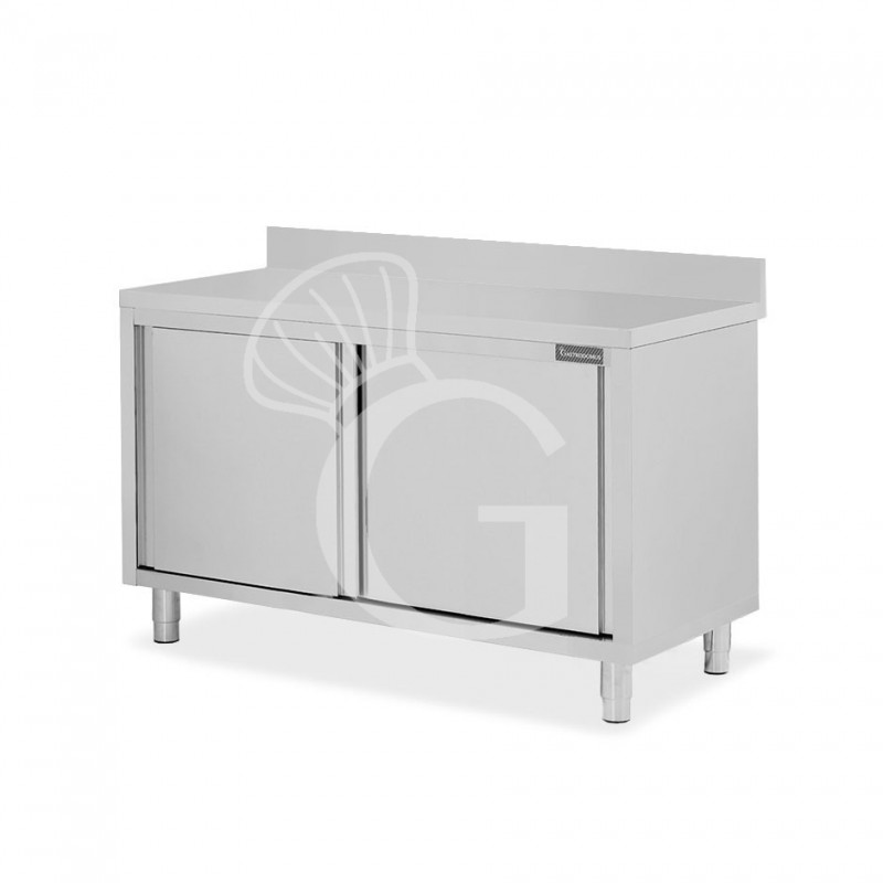 Mesa mural de acero inoxidable con 2 puertas correderas y peto trasero L 1400 mm x P 700 mm x A 950 mm